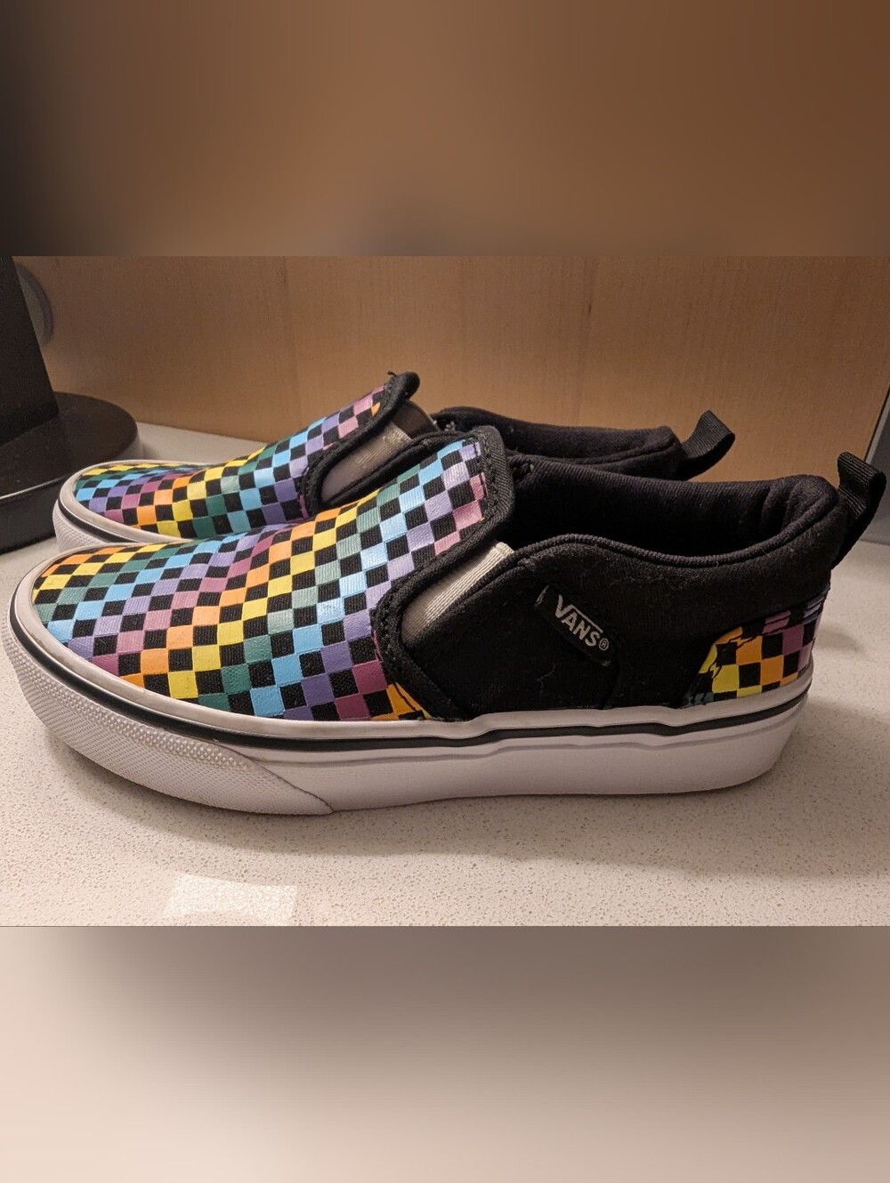VANS Asher Slip On Shoe Rainbow Mini Check Canvas Sneakers Kids Size 13 Like New - Picture 12 of 12